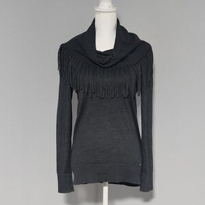 Michael Kors Grey Knit Cowl Neck Sweater With Fringe Detail Size Small